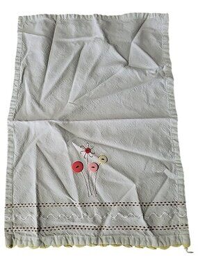 tag Tea Towel Embroidered Button Flowers Stitched Ricrack Crochet Edge 14x21in